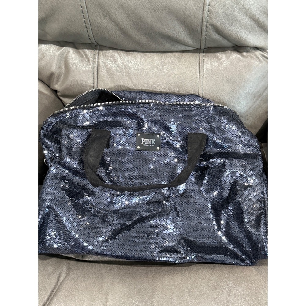 PINK Victoria's Secret Sequin Weekender Travel Bag Navy‎ Blue Duffle Carry-On